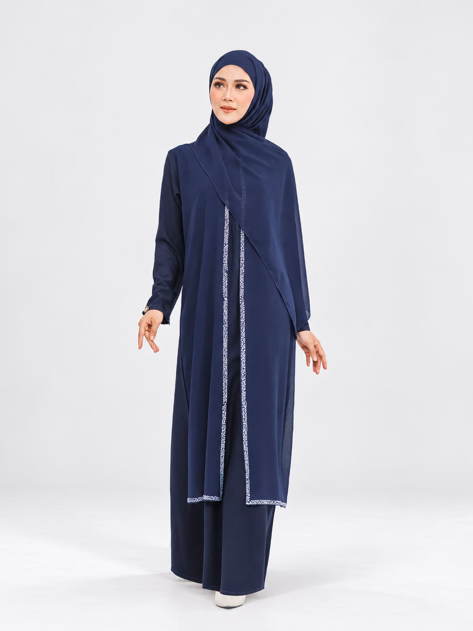 Qairani™ Syarie Dress in Dark Blue — Studio view