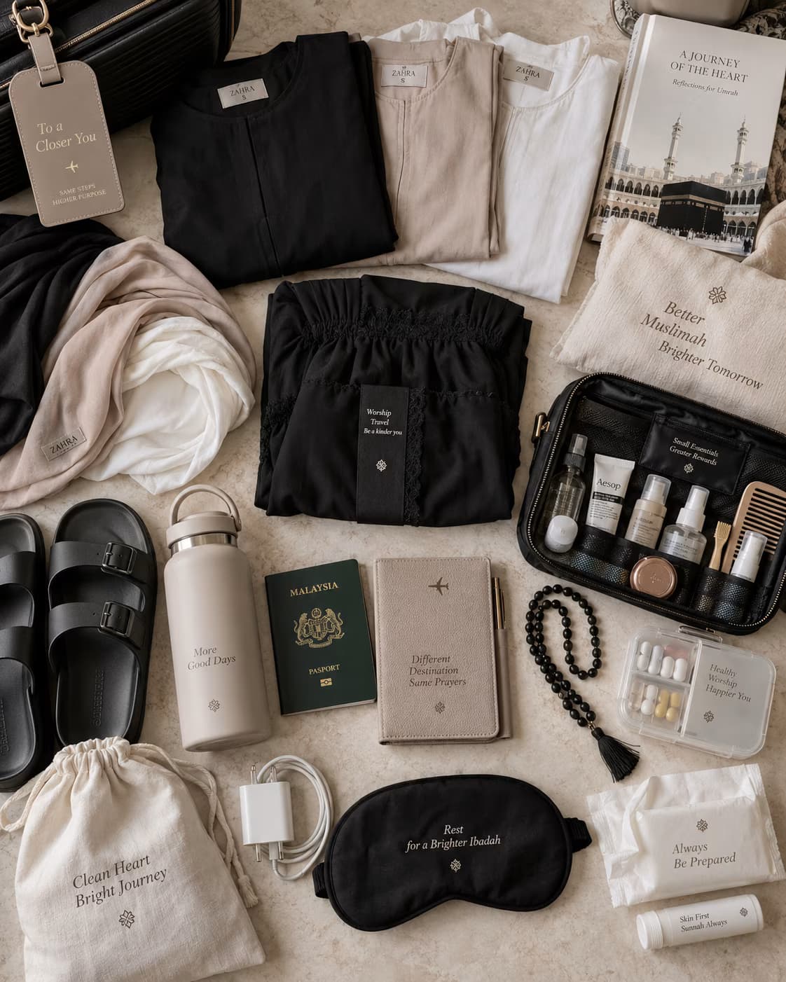 Flat lay barang Umrah wanita: pakaian, tudung, sandal, toiletries, pasport dan tasbih