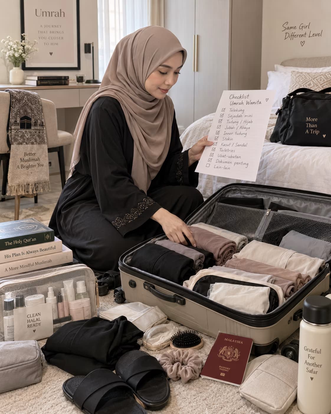 Wanita Muslimah menyemak checklist sambil packing barang Umrah