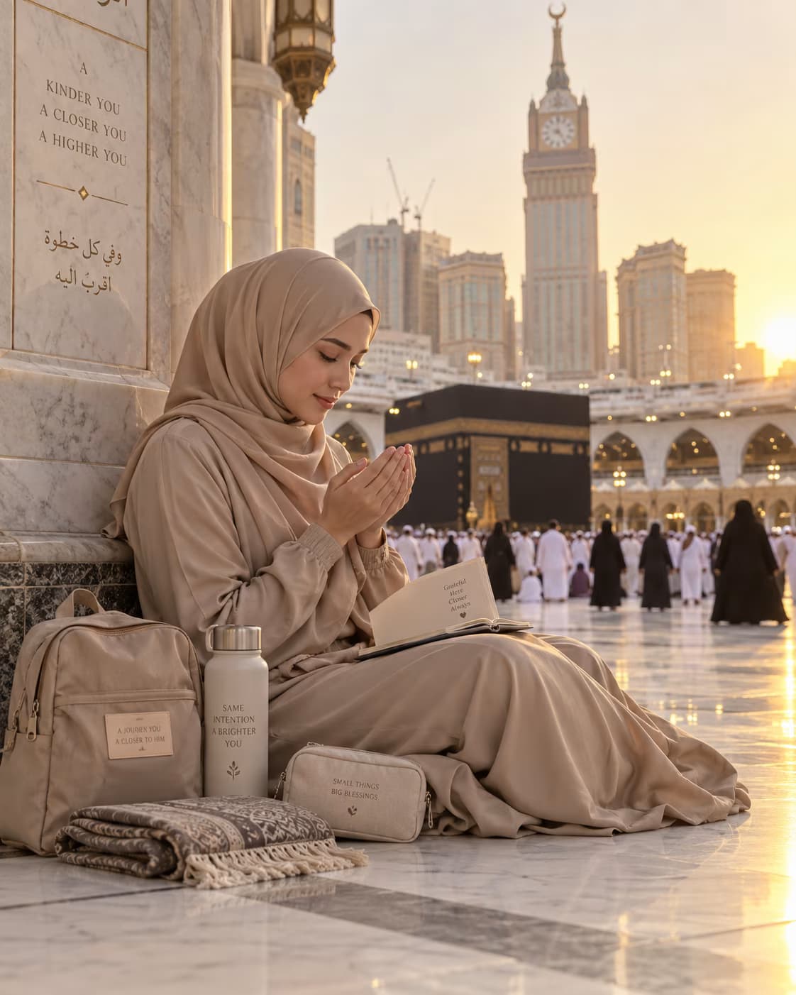 Wanita Muslimah berehat dan berdoa dengan tenang berhampiran Masjidil Haram