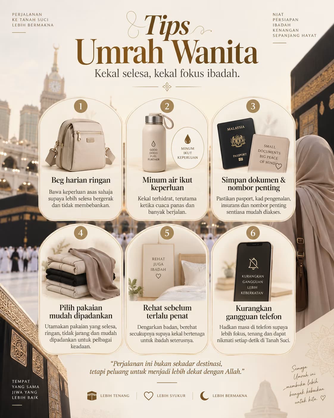 Infografik tips Umrah wanita untuk kekal selesa dan fokus ibadah